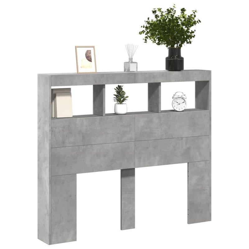 Casa si Gradina - Mobilier - Paturi si accesorii - Accesorii paturi - Tablie de pat cu dulap si LED, gri beton, 120x17x102 cm - Infinity.ro