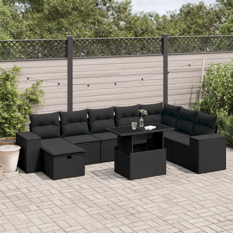 Casa si Gradina - Gradina si terasa - Mobilier exterior - Seturi mobila gradina - Set mobilier de gradina cu perne, 9 piese, negru, poliratan - Infinity.ro