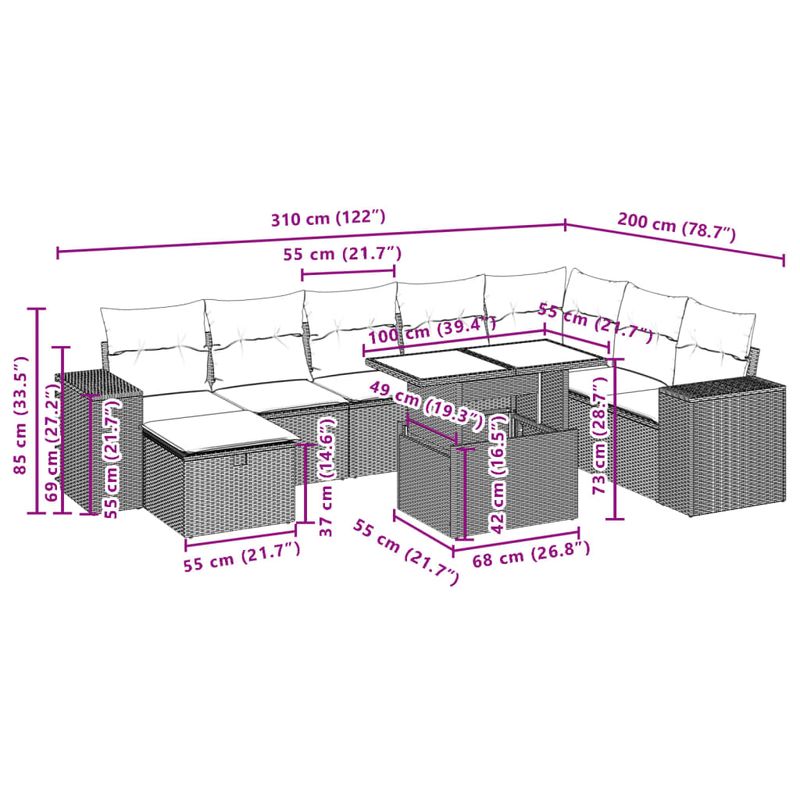 Casa si Gradina - Gradina si terasa - Mobilier exterior - Seturi mobila gradina - Set mobilier de gradina cu perne, 9 piese, negru, poliratan - Infinity.ro