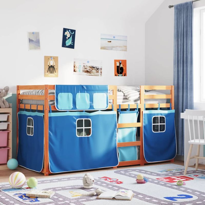 Casa si Gradina - Mobilier - Paturi si accesorii - Paturi - Pat supraetajat cu perdele, albastru, 90x190 cm, lemn masiv pin - Infinity.ro