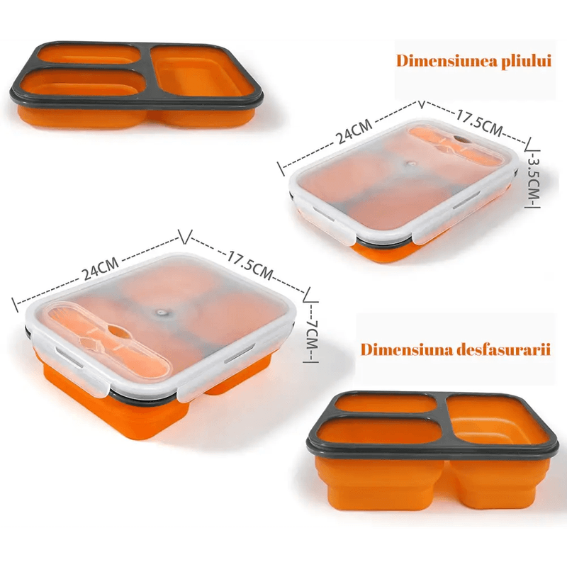 Casa si Gradina - Bucatarie si vesela - Organizare si depozitare bucatarie - Cutii alimentare - Caserola Pliabila cu 3 Compartimente Gadgetry si Tacam inclus, silicon Portocaliu - Infinity.ro