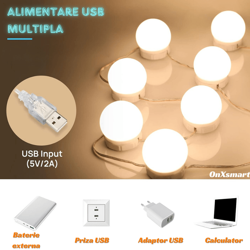 Casa si Gradina - Corpuri si surse de iluminat - Becuri si tuburi neon - Becuri - Kit 14 Becuri LED OnXsmart® pentru Oglinda Make-Up, Stil Hollywood, 3 Moduri de Iluminare pentru un Machiaj Perfect - Infinity.ro