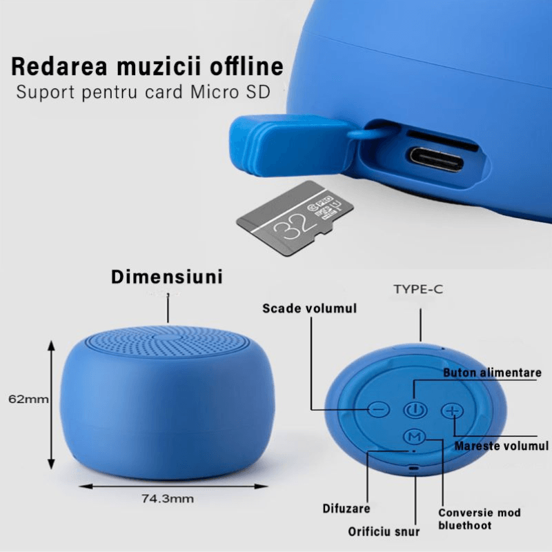 TV, Audio-Video si Foto - Portabile audio - Boxe portabile - Boxa stereo wireless portabila MAROVIO®, bluetooth, TWS, extra bass 360, selfie la distanta, autonomie 18 h si 15 m, Gri - Infinity.ro