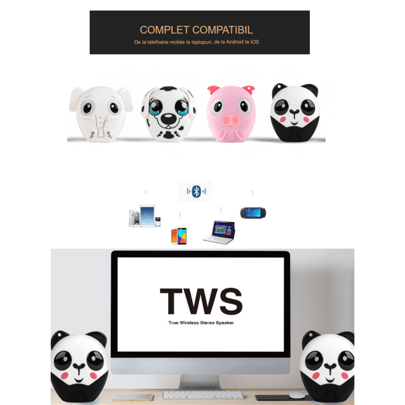 TV, Audio-Video si Foto - Portabile audio - Boxe portabile - Boxa portabila wireless MAROVIO®, bluetooth, TWS, extra bass 360, 3W, autonomie 4h si 10m, USB Type-C, Elefant - Infinity.ro