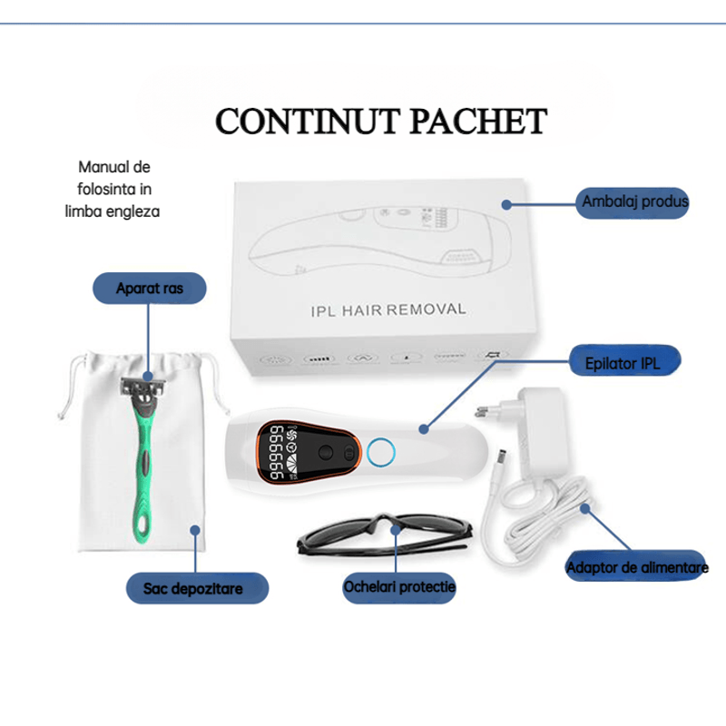 Ingrijire personala si Cosmetice - Aparate & accesorii ingrijire personala - Epilatoare si accesorii - Epilatoare - Epilator IPL Premium MAROVIO®, 999.999 pulsatii, epilare definitiva, senzor piele, 5 viteze, tub lumina quartz Xenon, Alb/Negru - Infinity.ro