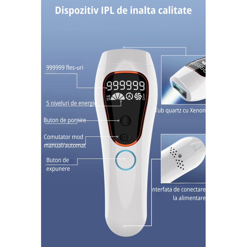 Ingrijire personala si Cosmetice - Aparate & accesorii ingrijire personala - Epilatoare si accesorii - Epilatoare - Epilator IPL Premium MAROVIO®, 999.999 pulsatii, epilare definitiva, senzor piele, 5 viteze, tub lumina quartz Xenon, Alb/Negru - Infinity.ro