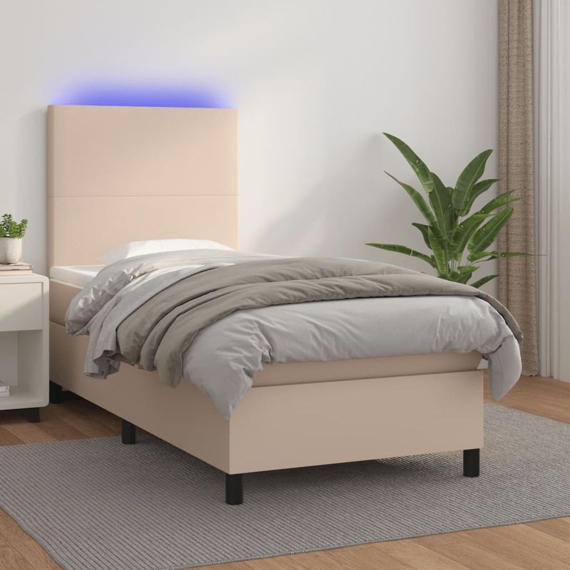 Casa si Gradina - Mobilier - Paturi si accesorii - Paturi - Pat cu arcuri, cu saltea si LED cappuccino 90x190 cm, piele eco - Infinity.ro