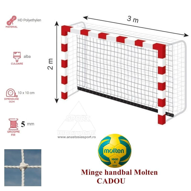 Sport si Outdoor - Sporturi de echipa - Handbal - Set 2 plase porti handbal Anastasia Sport, 3x2 m, fir 5 mm, cu plasa anti-shock - Infinity.ro