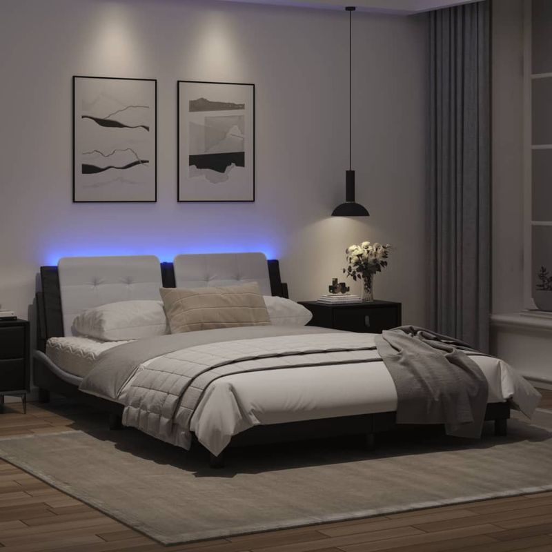 Casa si Gradina - Mobilier - Paturi si accesorii - Paturi - Cadru de pat cu LED, alb si negru, 160x200 cm, piele ecologica - Infinity.ro