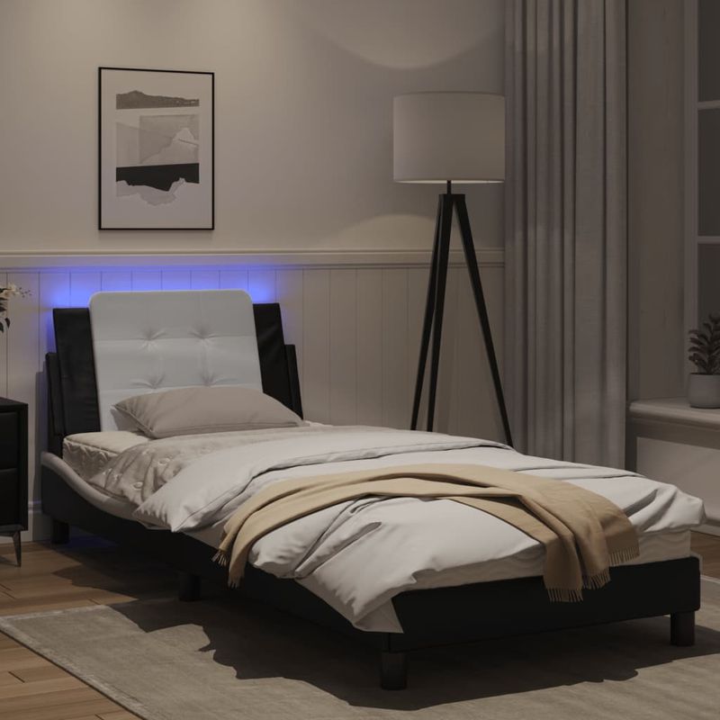 Casa si Gradina - Mobilier - Paturi si accesorii - Paturi - Cadru de pat cu lumini LED negru/alb 90x200 cm piele ecologica - Infinity.ro