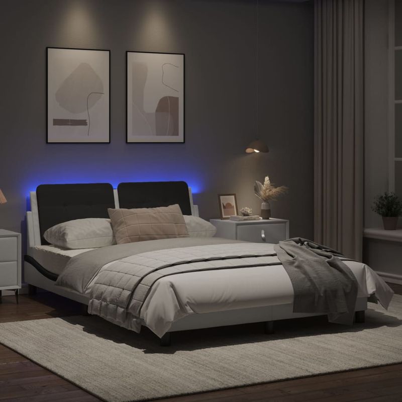 Casa si Gradina - Mobilier - Paturi si accesorii - Paturi - Cadru de pat lumini LED, alb/negru, 140x190 cm, piele ecologica - Infinity.ro