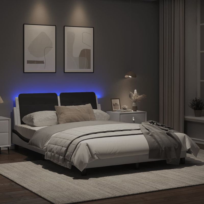 Casa si Gradina - Mobilier - Paturi si accesorii - Paturi - Cadru de pat cu LED, alb si negru, 140x200 cm, piele ecologica - Infinity.ro