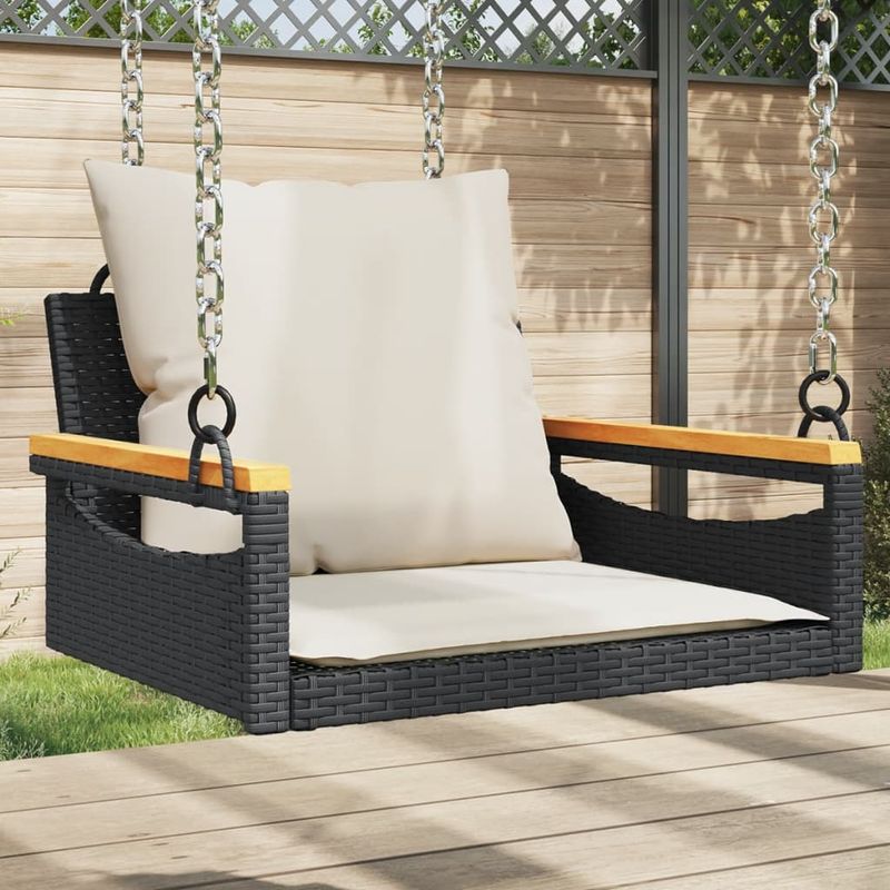 Casa si Gradina - Gradina si terasa - Mobilier exterior - Bancute de gradina - Banca de balansoar cu perne, negru, 63x62x40 cm, poliratan, model cotiere cu design rotund - Infinity.ro
