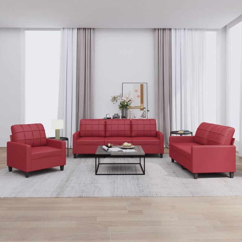 Casa si Gradina - Mobilier - Seturi de mobilier - Seturi living - Set de canapele cu perne, 3 piese, rosu vin, piele ecologica - Infinity.ro
