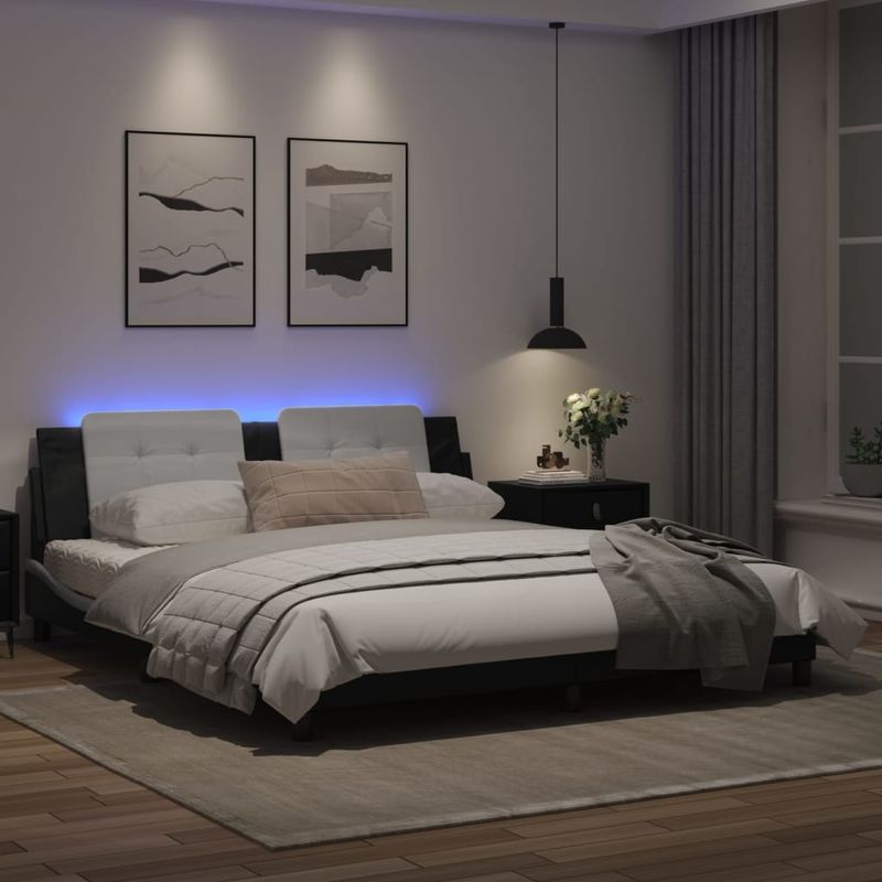 Casa si Gradina - Mobilier - Paturi si accesorii - Paturi - Cadru de pat cu LED, negru si alb, 180x200 cm, piele ecologica - Infinity.ro