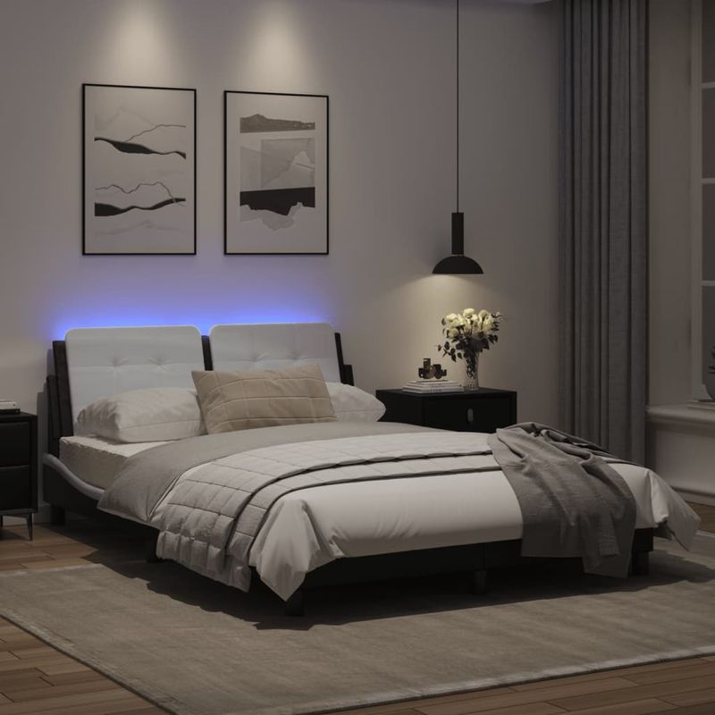 Casa si Gradina - Mobilier - Paturi si accesorii - Paturi - Cadru de pat cu LED, negru si alb, 140x200 cm, piele ecologica - Infinity.ro