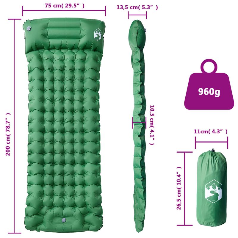Sport si Outdoor - Camping - Saltele si accesorii pentru somn - Saltele camping - Saltea de camping auto-gonflabila cu perna integrata, verde - Infinity.ro
