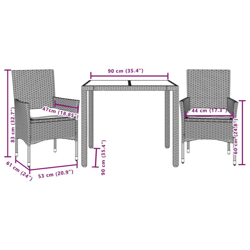 Casa si Gradina - Gradina si terasa - Mobilier exterior - Seturi mobila gradina - Set mobilier de gradina cu perne 3 piese negru poliratan&sticla - Infinity.ro