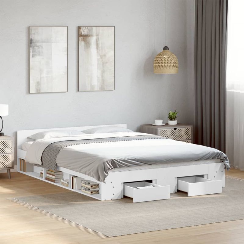 Casa si Gradina - Mobilier - Paturi si accesorii - Paturi - Cadru pat cu sertare alb extralucios 140x200 cm, lemn prelucrat - Infinity.ro