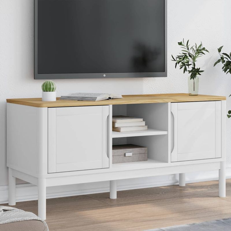 Casa si Gradina - Mobilier - Comode si corpuri - Comode - Dulap TV "FLORO", alb, 114x43x55 cm, lemn masiv de pin - Infinity.ro