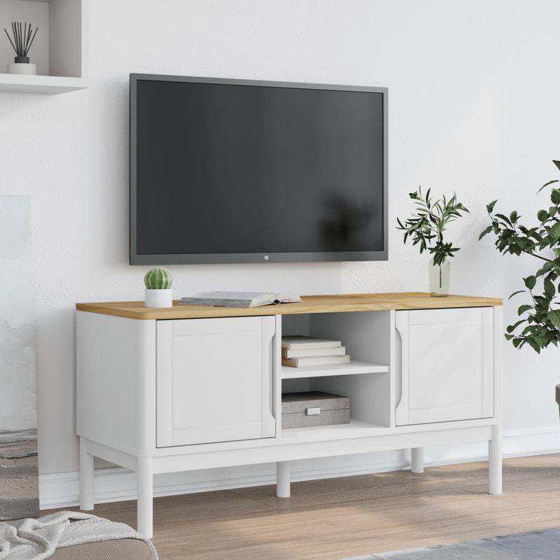 Casa si Gradina - Mobilier - Comode si corpuri - Comode - Dulap TV "FLORO", alb, 114x43x55 cm, lemn masiv de pin - Infinity.ro
