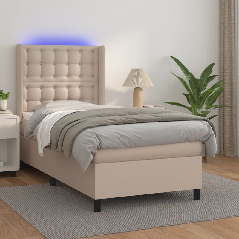 Casa si Gradina - Mobilier - Paturi si accesorii - Paturi - Pat cu arcuri, cu saltea si LED cappuccino 90x190 cm, piele eco - Infinity.ro