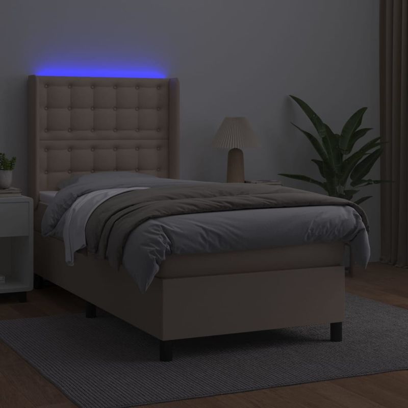 Casa si Gradina - Mobilier - Paturi si accesorii - Paturi - Pat cu arcuri, cu saltea si LED cappuccino 90x190 cm, piele eco - Infinity.ro