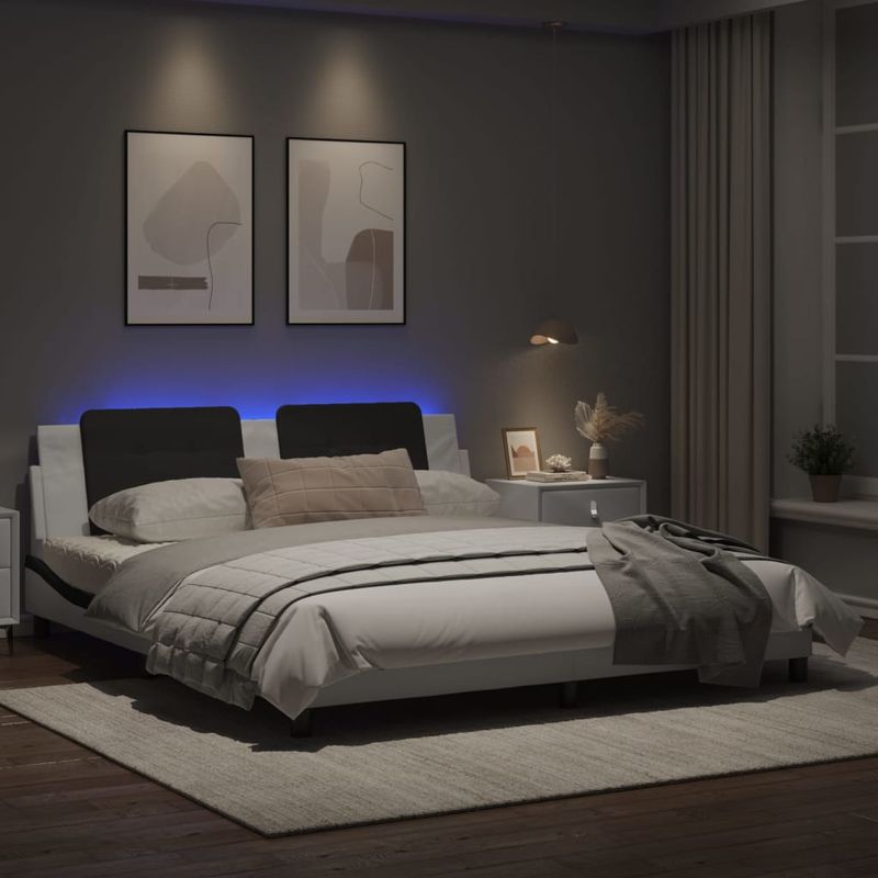 Casa si Gradina - Mobilier - Paturi si accesorii - Paturi - Cadru de pat cu LED, alb si negru, 180x200 cm, piele ecologica - Infinity.ro