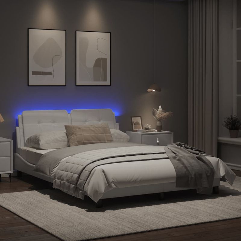 Casa si Gradina - Mobilier - Paturi si accesorii - Paturi - Cadru de pat cu lumini LED, alb, 140x200 cm, piele ecologica - Infinity.ro