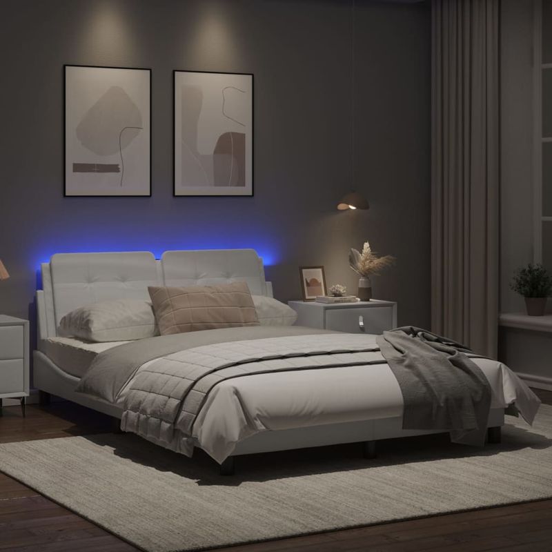 Casa si Gradina - Mobilier - Paturi si accesorii - Paturi - Cadru de pat cu lumini LED, alb, 140x190 cm, piele ecologica - Infinity.ro