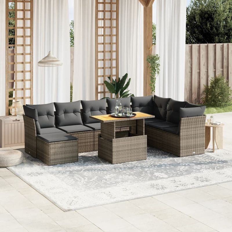 Casa si Gradina - Gradina si terasa - Mobilier exterior - Seturi mobila gradina - Set canapele de gradina, 9 piese, cu perne, gri, poliratan - Infinity.ro