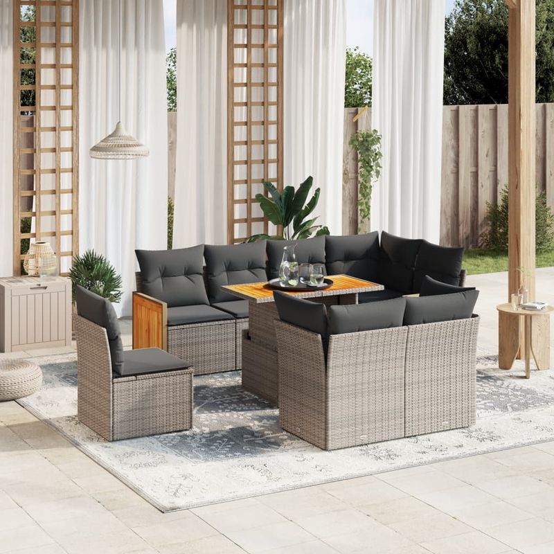 Casa si Gradina - Gradina si terasa - Mobilier exterior - Seturi mobila gradina - Set canapele de gradina, 9 piese, cu perne, gri, poliratan - Infinity.ro