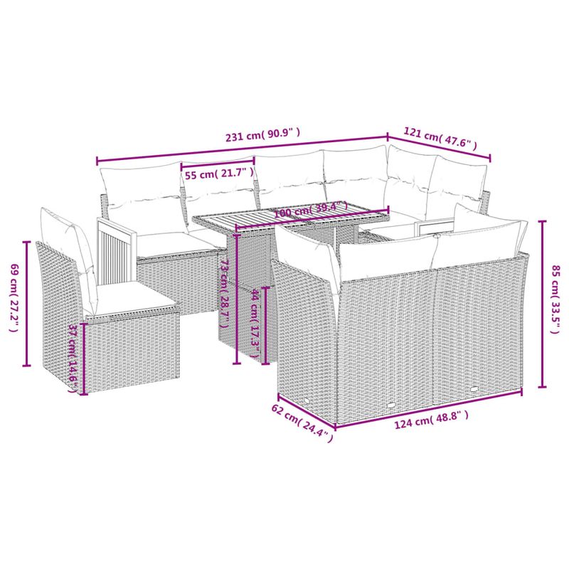 Casa si Gradina - Gradina si terasa - Mobilier exterior - Seturi mobila gradina - Set canapele de gradina, 9 piese, cu perne, gri, poliratan - Infinity.ro