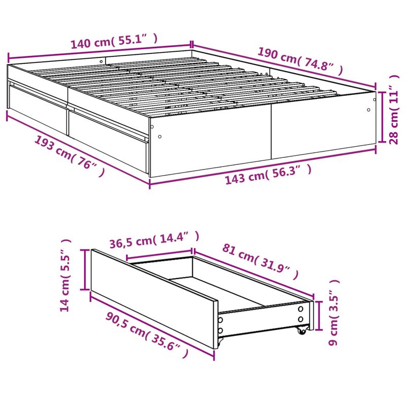 Casa si Gradina - Mobilier - Paturi si accesorii - Paturi - Cadru pat cu sertare stejar fumuriu 140x190 cm lemn prelucrat - Infinity.ro