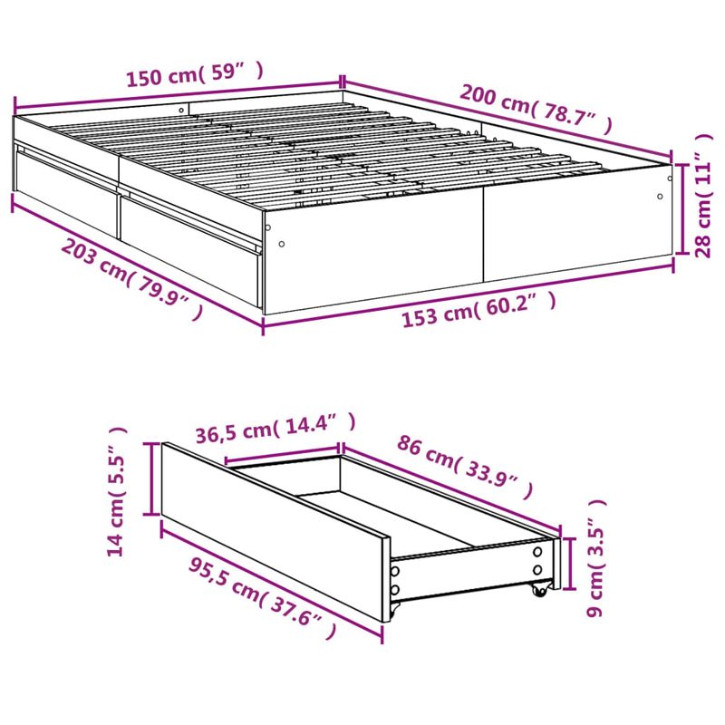 Casa si Gradina - Mobilier - Paturi si accesorii - Paturi - Cadru de pat cu sertare, gri beton, 150x200 cm, lemn prelucrat - Infinity.ro