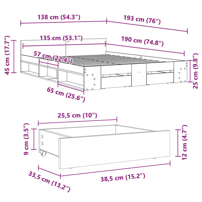 Casa si Gradina - Mobilier - Paturi si accesorii - Paturi - Cadru de pat cu sertare, gri sonoma, 135x190 cm, lemn prelucrat - Infinity.ro