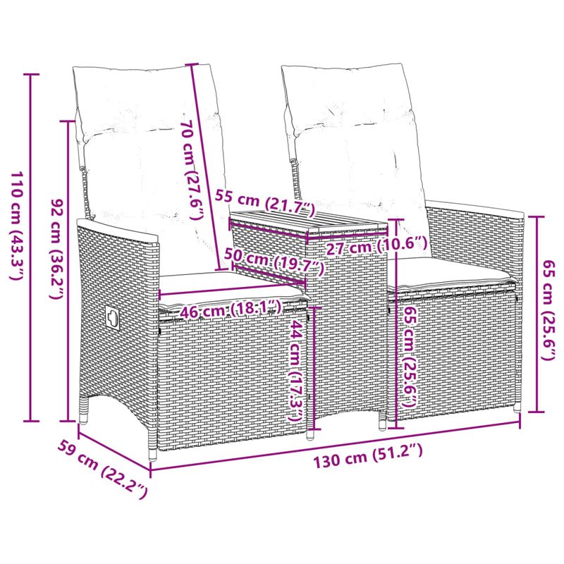 Casa si Gradina - Gradina si terasa - Mobilier exterior - Canapele si fotolii gradina - Canapea de gradina rabatabila 2 locuri cu masa negru poliratan, material lemn, model fără suport de picioare - Infinity.ro
