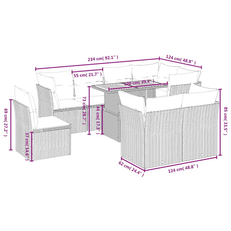 Casa si Gradina - Gradina si terasa - Mobilier exterior - Seturi mobila gradina - Set canapele de gradina, 9 piese, cu perne, gri, poliratan - Infinity.ro