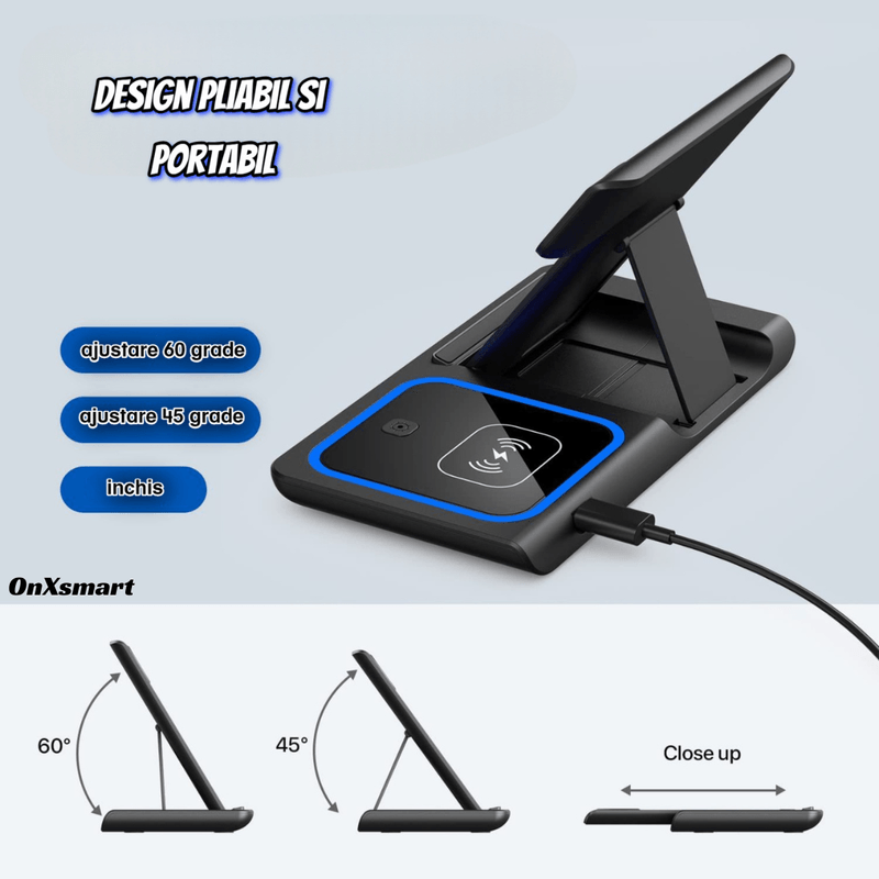 Laptop, Telefoane si Tablete - Telefoane mobile si accesorii - Accesorii Telefoane - Incarcatoare telefoane - Incarcator wireless OnXsmart®, Statie incarcare 3 in 1, Incarcare rapida QI 15W, UNIVERSAL, Adaptor inclus - Infinity.ro
