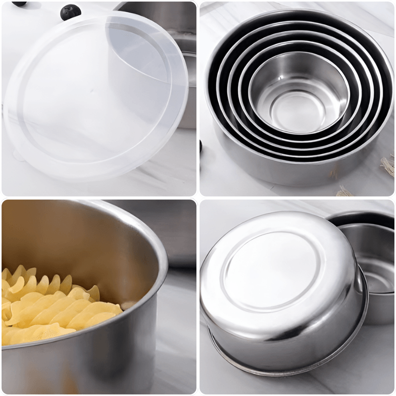 Casa si Gradina - Bucatarie si vesela - Vesela si tacamuri - Farfurii si boluri - Set 5 boluri cu capac, otel inoxidabil si capac din plastic flexibil, argintiu - Infinity.ro