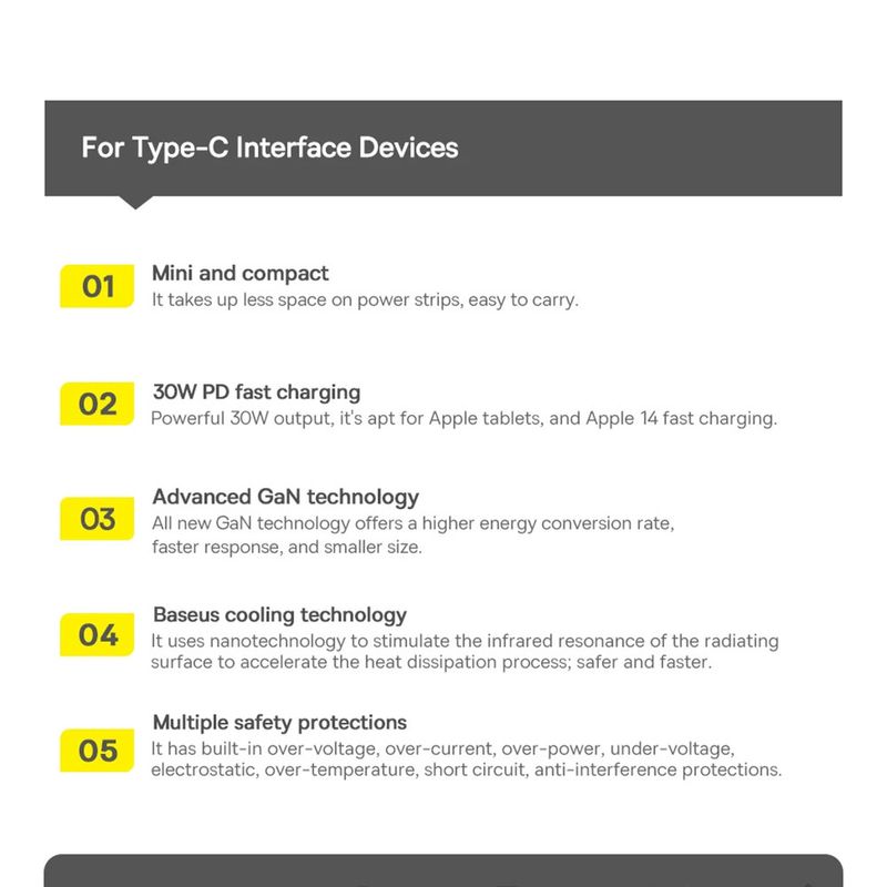 Laptop, Telefoane si Tablete - Telefoane mobile si accesorii - Accesorii Telefoane - Incarcatoare telefoane - Incarcator Type-C, Fast Charging, GaN, 30W - Baseus (CCGN070502) - Alb - Infinity.ro