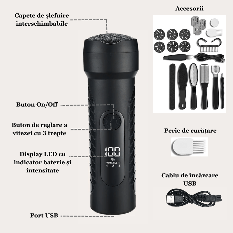 Ingrijire personala si Cosmetice - Manichiura si pedichiura - Pile cosmetice - Pila electrica pentru talpi si calcaie cu set de accesorii ESPRODYS, Incarcare USB, Indepartare piele moarta, negru - Infinity.ro