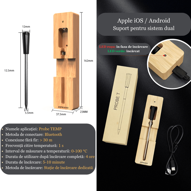 Casa si Gradina - Bucatarie si vesela - Ustensile bucatarie - Termometre bucatarie - Termometru Smart de bucatarie ESPRODYS pentru CUPTOR GRILL TIGAIE conexiune Bluetooth aplicatie mobila negru - Infinity.ro