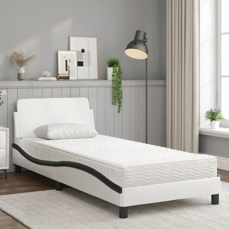 Casa si Gradina - Mobilier - Paturi si accesorii - Paturi - Pat cu saltea, alb si negru, 90x200 cm, piele ecologica - Infinity.ro