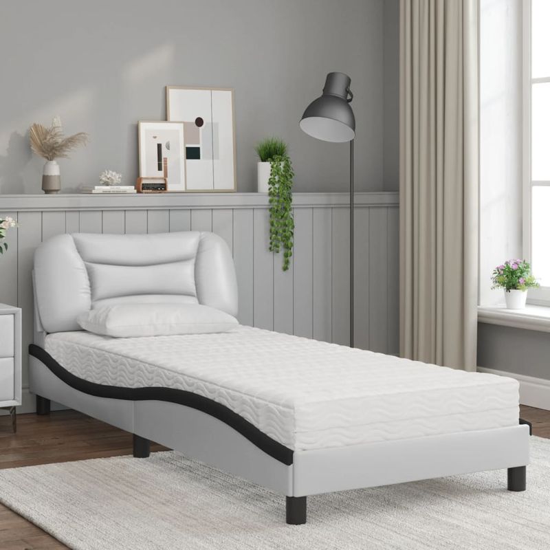 Casa si Gradina - Mobilier - Paturi si accesorii - Paturi - Pat cu saltea, alb si negru, 90x200 cm, piele ecologica - Infinity.ro