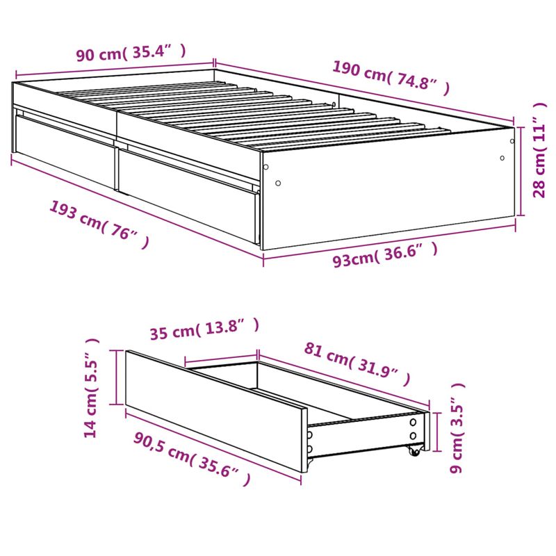 Casa si Gradina - Mobilier - Paturi si accesorii - Paturi - Cadru de pat cu sertare stejar sonoma 90x190 cm lemn prelucrat - Infinity.ro