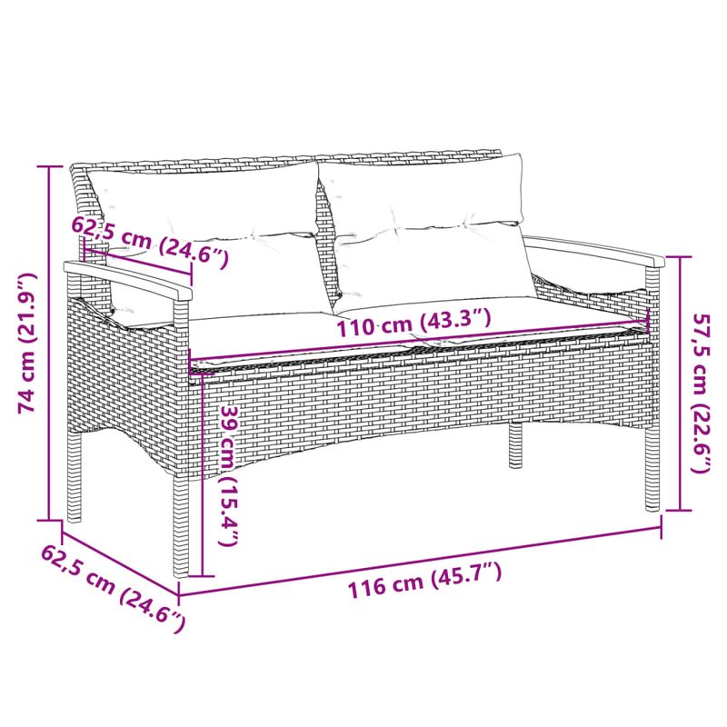 Casa si Gradina - Gradina si terasa - Mobilier exterior - Bancute de gradina - Banca de gradina cu perne, 116x62,5x74, negru, poliratan - Infinity.ro