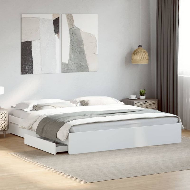 Casa si Gradina - Mobilier - Paturi si accesorii - Paturi - Cadru de pat cu sertare alb 200x200 cm lemn prelucrat - Infinity.ro