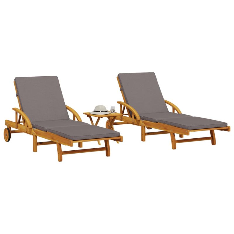 Casa si Gradina - Gradina si terasa - Mobilier exterior - Scaune si sezlonguri gradina - Sezlonguri, 1 buc., cu masa, alb, lemn masiv de acacia, gri închis, model 2x sunlounger + table - Infinity.ro