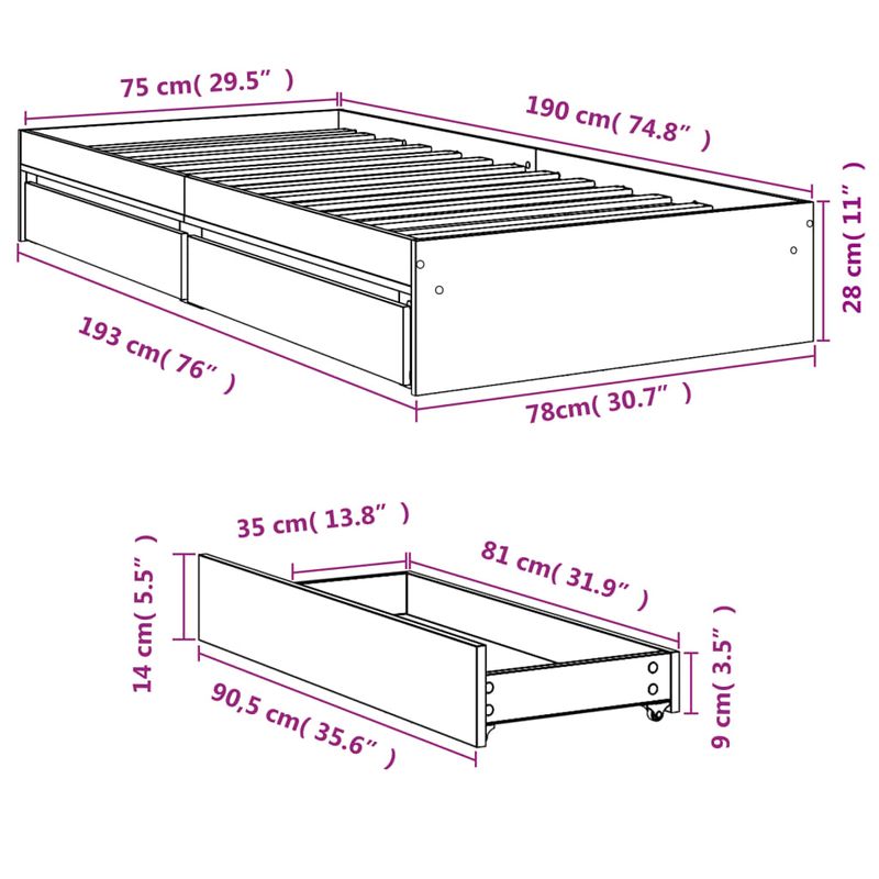Casa si Gradina - Mobilier - Paturi si accesorii - Paturi - Cadru de pat cu sertare stejar maro 75x190 cm lemn prelucrat - Infinity.ro